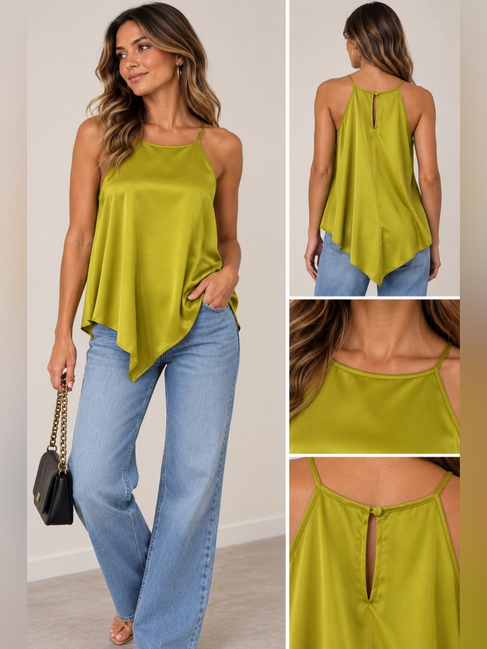 Worthington Satin Asymmetrical Halter Tank Top - chartreuse